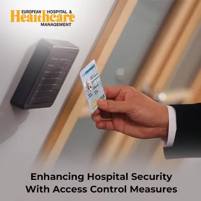 A security guard scanning an ID badge at a hospital entrance.