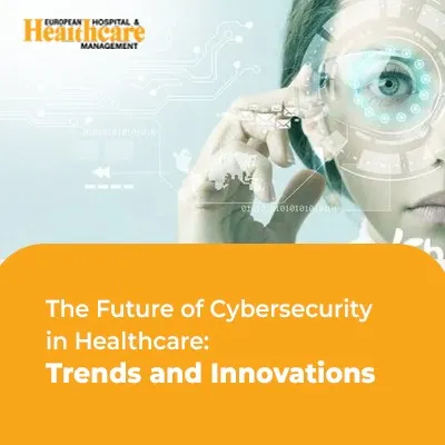 Woman with digital eye graphics, text on cybersecurity in healthcare.