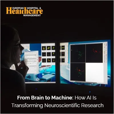 a woman looking at two computer screens with the words from brain to machine how all