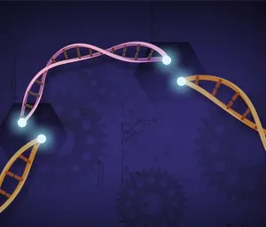 A glowing DNA molecule, illuminated by light, showcasing its intricate structure and genetic information.