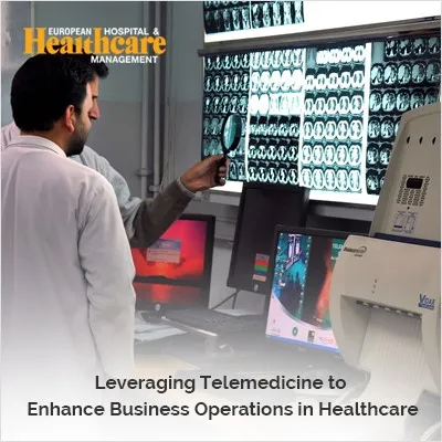 Doctors reviewing brain scans on a wall-mounted display, with telemedicine technology and various medical equipment in use. The text reads, "Leveraging Telemedicine to Enhance Business Operations in Healthcare.
