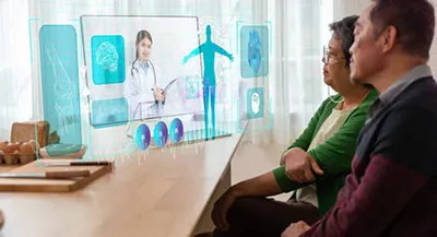 An image of medical professionals using digital tablets and wearable devices to monitor patients remotely, with a virtual hospital interface in the background.