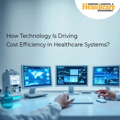Medical monitors display data with text "How Technology Is Driving Cost Efficiency in Healthcare Systems?"