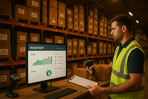 Pharma warehouse shelves with barcode scanning and stock counts