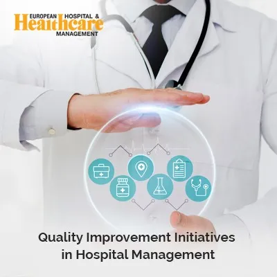 a doctor holding a circle with blue circles and text Enhancing patient care through systematic improvements.