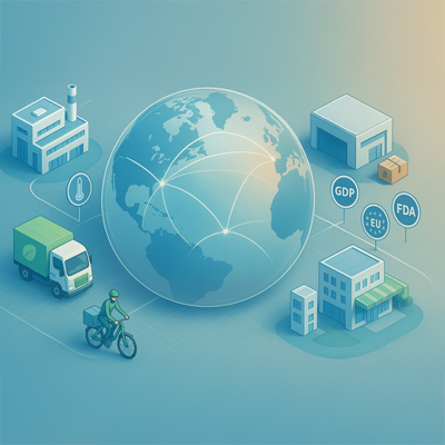 Overview image showing a pharmaceutical supply chain map with icons for storage, transport, and compliance