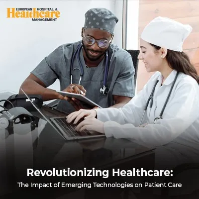 Two healthcare professionals using a laptop with text about technology's impact on healthcare.