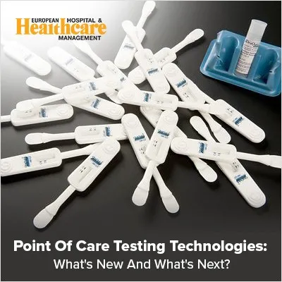 Scattered rapid diagnostic tests and vials on a table with an article title about point-of-care testing technologies.