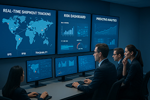 Real-time supply chain monitoring screen displaying maps and alerts