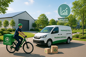Eco-friendly pharma logistics concept with green packaging, electric vehicles, and recycling symbols