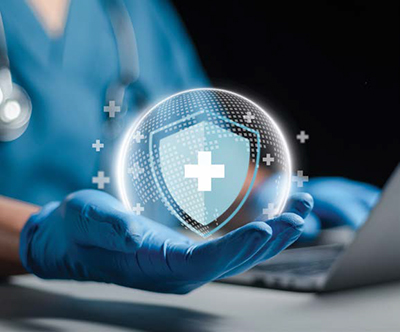 Secure patient records on a digital interface with shield and lock symbols
