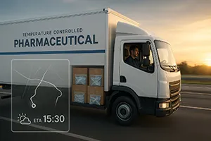 Pharmaceutical distribution truck on a highway with temperature-controlled cargo