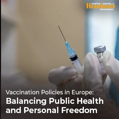 A person prepares a vaccine, text about Europe's vaccination policies balancing health and freedom.