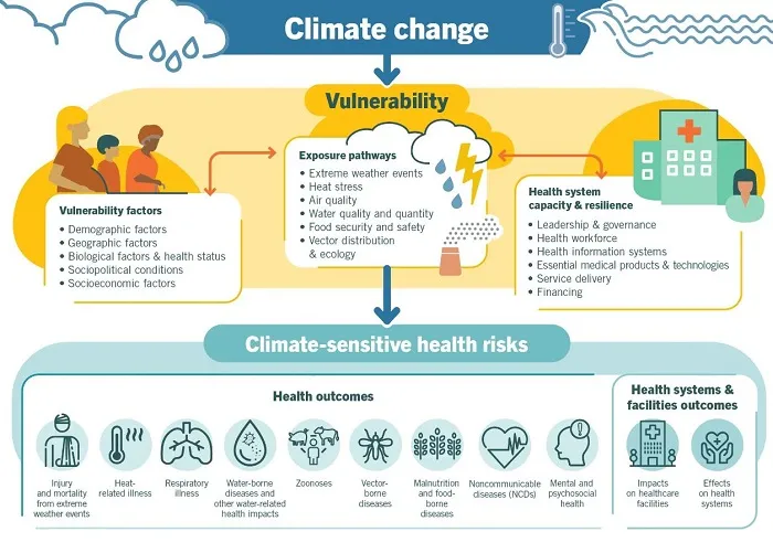 An image showing the impact of climate change on health, highlighting the risks associated with rising temperatures and extreme weather events